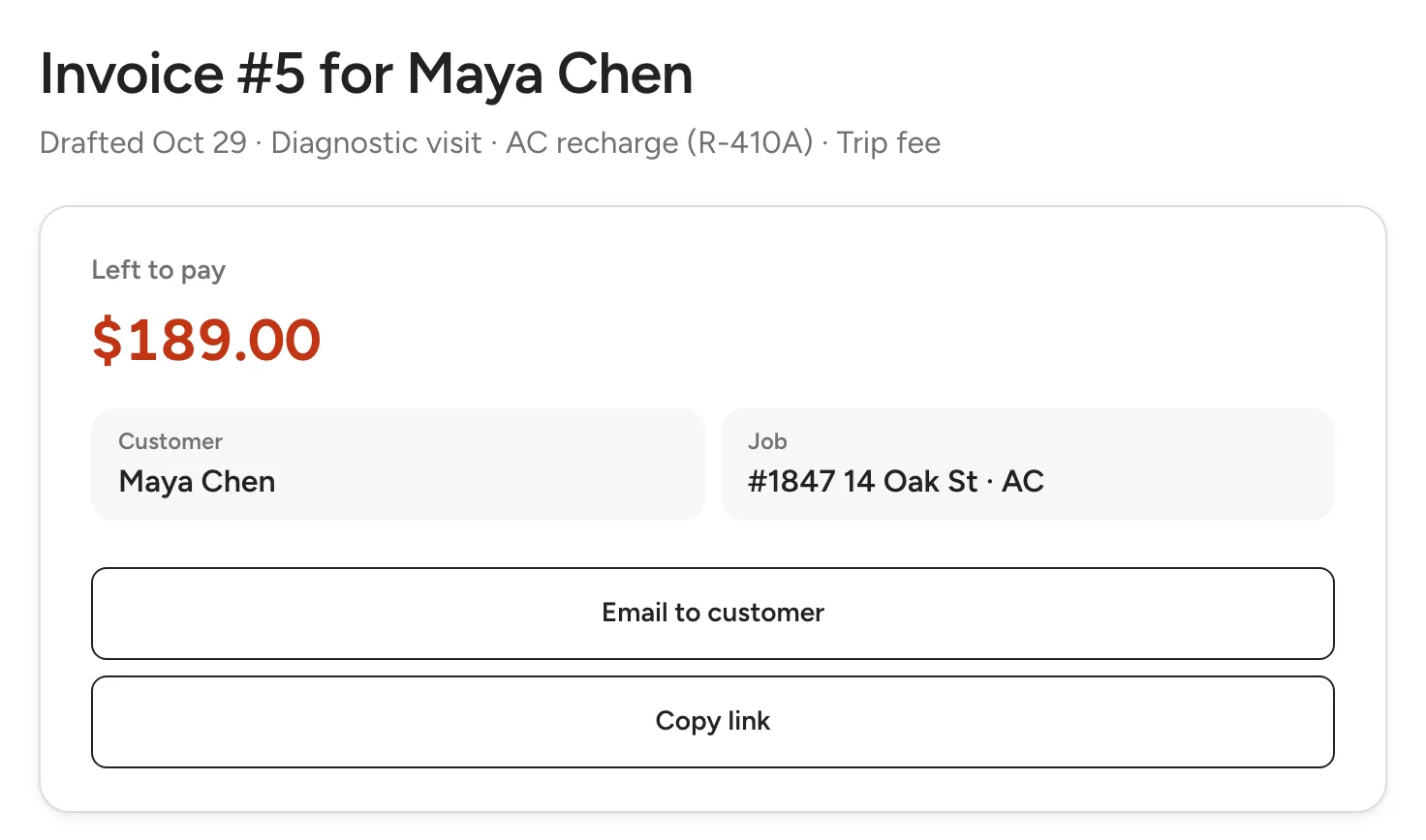 The office's invoice #5 for Maya Chen: left to pay $189.00, Email to customer and Copy link