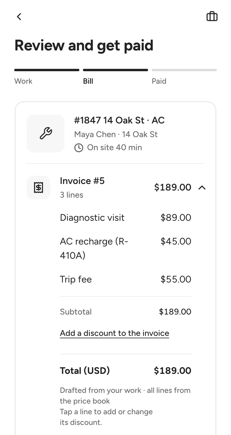 The tech's Review and get paid screen for Maya Chen: invoice #5 drafted from the work, diagnostic visit, AC recharge and trip fee, total $189.00, all lines from the price book