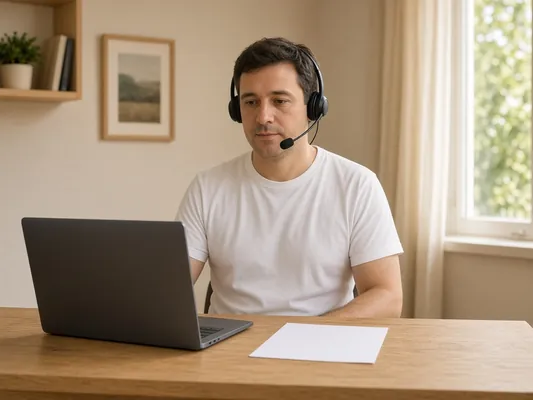 Dispatcher in a headset working at a laptop in an office