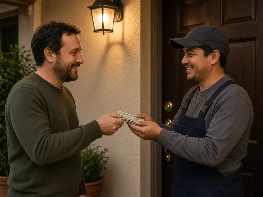 Customer handing cash to a smiling technician in a cap and overalls
